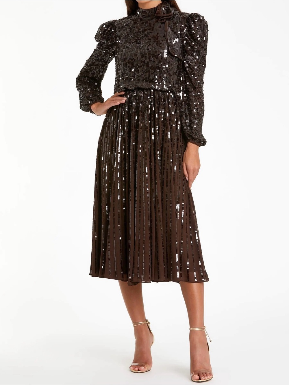 Mac Duggal 93642 Chocolate Brown Long Sleeve Sequin Tea Length Dress